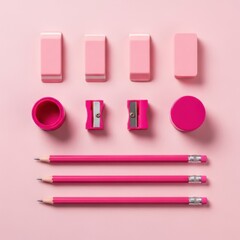Flat lay of pink stationery items on a pink background, top view