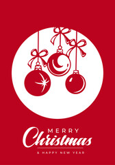 Festive Christmas card design featuring three hanging ornaments with ribbons against a bold red background and white circle, conveying warmth, celebration, and holiday cheer for seasonal greetings.