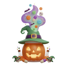 Halloween Magic Potion: Jack-o'-Lantern with Witch Hat, Enchanted Smoke, Pills & Skulls 3D Render