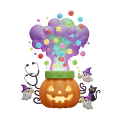 Spooky Rx Potion: Halloween Pumpkin Bursting with Colorful Pills, Ghosts, and Stethoscope