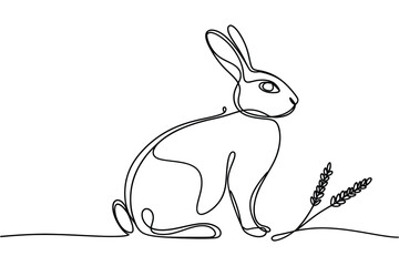 Minimalist line art of a rabbit sitting next to wheat stalks