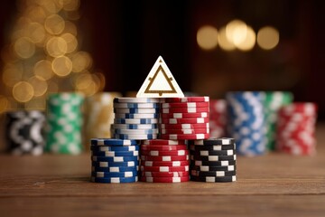 Stacks of poker chips are arranged on a wood surface with a triangleshaped chip on top Soft bokeh lights blur the background