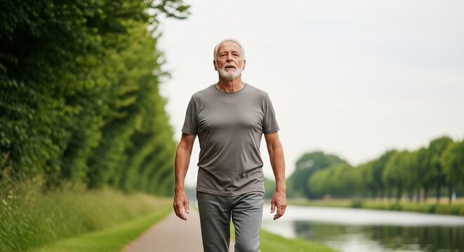 Active senior man with a white beard enjoying a morning walk on a path next to a tranquil canal, embracing a healthy lifestyle and vitality