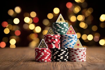 A stack of poker chips with triangular cards set against a bokeh background