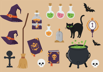 Vector art of a whimsical Halloween scene featuring a witches' hat, black cats, a bat, a pumpkin, potion bottles, spellbooks, a cauldron, a broom, scissors, and a ghost, all set against a clean white 