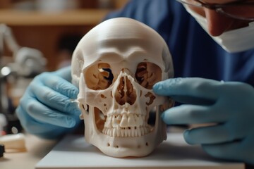 Surgeon in blue scrubs and medical mask examining a 3D printed human skull, focusing on anatomical details for study