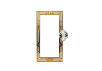 Golden Art Deco rectangular frame with intricate geometric patterns and faceted crystal accent, isolated on a seamless transparent background, 45-degree angle view, high-end luxury product concept
