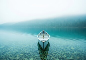 A lone white canoe floats on a calm, clear lake with a misty, forested mountain range in the background