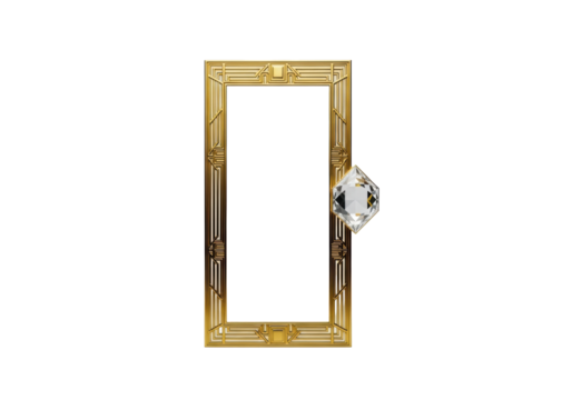 Golden Art Deco rectangular frame with intricate geometric patterns and faceted crystal accent, isolated on a seamless transparent background, 45-degree angle view, high-end luxury product concept