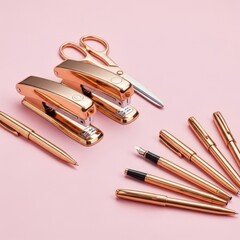 Overhead shot of gold stationery on a pink background for elegant office decor