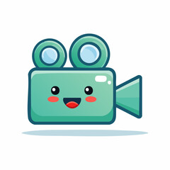 A cute cartoon style video camera with a smiling face and a light green color scheme on a white background