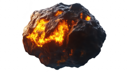A glowing. fiery asteroid floating in space. orange and yellow flames against a dark backdrop. symbolizing cosmic phenomena and extraterrestrial exploration