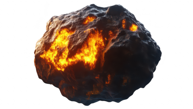 A glowing. fiery asteroid floating in space. orange and yellow flames against a dark backdrop. symbolizing cosmic phenomena and extraterrestrial exploration
