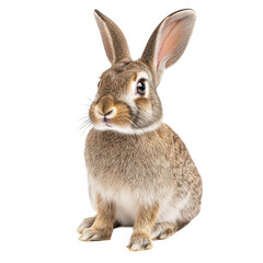Fototapeta premium A close-up portrait of a fluffy brown rabbit sitting gracefully against a plain white background. its expressive eyes and soft fur. ideal for nature or pet-themed projects