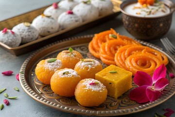 Traditional Indian Sweet Platter with Ladoos and Jalebi