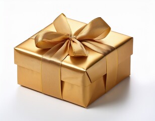Fototapeta premium a beautifully wrapped golden gift box adorned with a satin ribbon isolated on white background