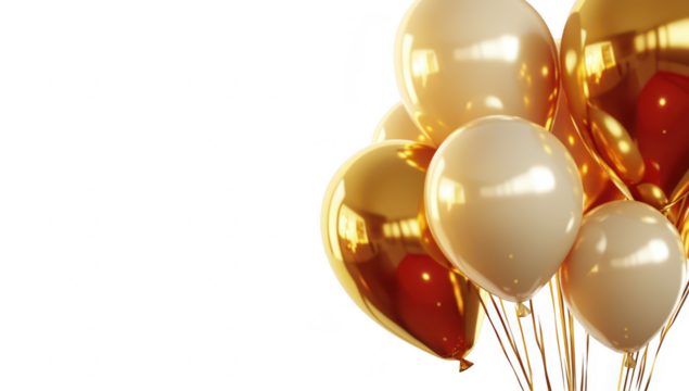 A cluster of elegant golden and cream balloons floating gracefully against a soft. light background. perfect for celebrations. parties. and festive occasions