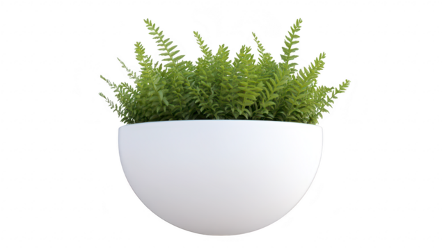 A minimalist white bowl filled with lush green ferns. set against a clean white background. creating a serene and modern aesthetic perfect for home decor or botanical themes