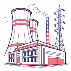 Modern industrial power plant with cooling towers smokestack and electricity pylon against a white background