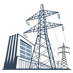Modern industrial power plant with tall electricity transmission towers carrying power lines against a white background