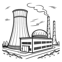 Stylized black and white illustration of a modern industrial power plant with cooling towers and smokestacks emitting steam