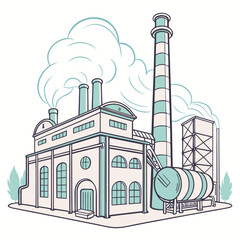 Retro style factory building with smokestacks emitting clouds of steam against a white background