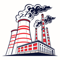Stylized illustration of a power plant with cooling towers and smokestacks emitting dark plumes of smoke against a white background
