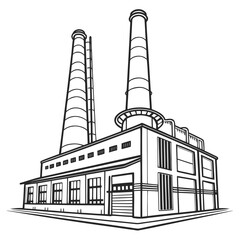 Stylized line art illustration of a classic industrial factory building with two tall smokestacks against a white background
