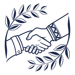 Symbol of agreement and peace two hands shaking firmly encased in a laurel wreath emblem