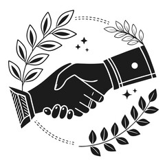 Symbolic black and white illustration of a handshake surrounded by laurel branches and sparkling stars representing agreement and success