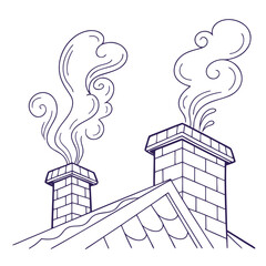 Two brick chimneys on a roof emitting stylized smoke plumes against a white background line art illustration