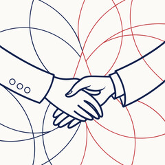Two business people shaking hands in agreement with a stylized floral pattern of red and blue lines behind them