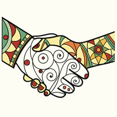 Two hands shaking in a stylized colorful and decorative handshake symbolizing agreement and partnership