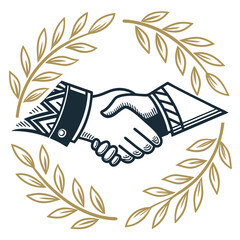 Two hands shaking in agreement surrounded by a laurel wreath symbolizing partnership and success