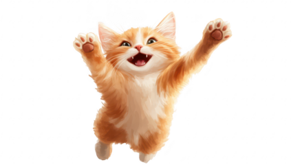 A joyful orange kitten leaps into the air with its paws outstretched. its playful spirit against a clean white background. perfect for conveying happiness and energy