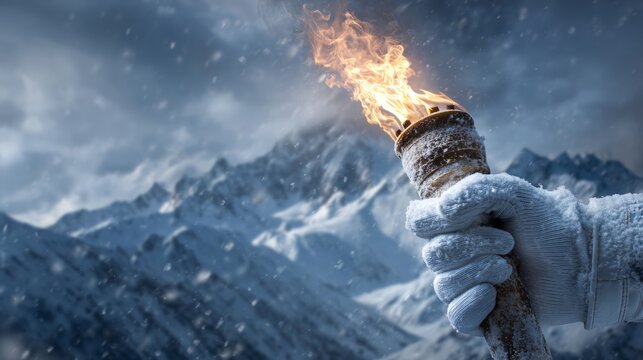 A white-gloved hand holds the burning Olympic torch against a backdrop of snow-capped mountains, a concept of the Winter Olympics in Italy.
