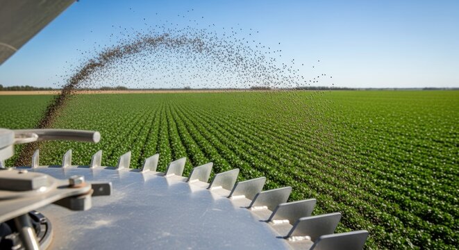 Closeup of mechanical granular fertilizer spreader evenly distributing nutrients across a lush green field under clear skies.