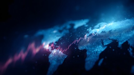 Abstract global financial graph overlay on a digital world map with futuristic blue and pink lighting