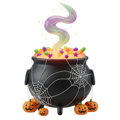 Festive 3D Halloween Cauldron with Magical Potion, Candy, Spiderwebs & Hanging Pumpkins on White