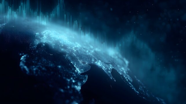 Futuristic digital globe illuminated with city lights overlaid with glowing data streams and financial graphs representing global connectivity and