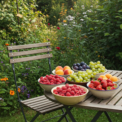 Abundant selection of fresh summer fruits and berries in bowls on a rustic wooden table in a garden.