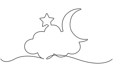 continuous one line drawing of a crescent moon a simple night sky.