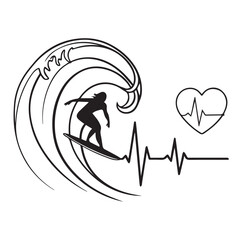 A surfer rides a wave with a heartbeat line and heart symbol, conveying a love for surfing isolated on white background the wave is large and powerful