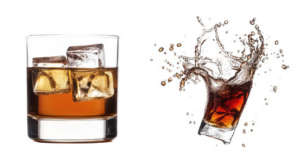 A close-up view of a whiskey glass filled with ice cubes. the rich amber color of the drink. alongside a dynamic splash of whiskey from a glass. creating an energetic scene