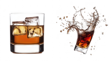 A close-up view of a whiskey glass filled with ice cubes. the rich amber color of the drink. alongside a dynamic splash of whiskey from a glass. creating an energetic scene