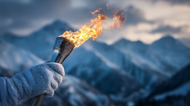 A white-gloved hand holds the burning Olympic torch against a backdrop of snow-capped mountains, a concept of the Winter Olympics in Italy.