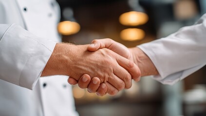 Fototapeta premium Two chefs in white uniforms confidently shaking hands, sealing a professional agreement or partnership in a warm, inviting kitchen setting with soft bokeh lights