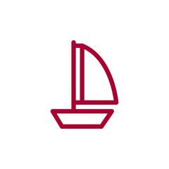 Minimalist red sailboat line art icon representing summer vacation, sea travel, and leisure activities