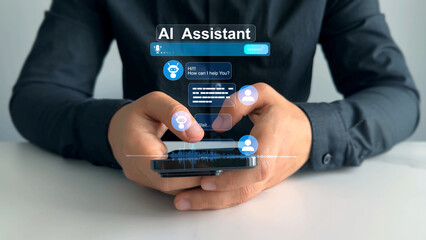 Online support Chatbot conversation. Virtual assistant, artificial intelligence Bot and CRM software automation technology. Chatgpt Chat with AI.Customer person using chat service to get support.	
