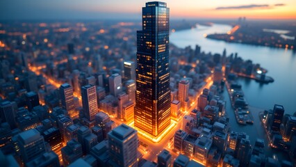 Aerial View of Urban Skyline at Sunset with Skyscraper and River